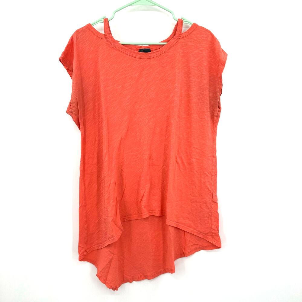 Left Of Center Size Medium Shirt Orange High Low Asymmetrical Hem Short Sleeve